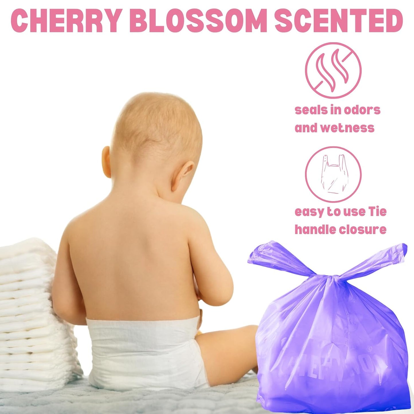 Baby Disposable Diaper Sacks (500 ct.) Fresh Baby Powder Scented Bulk Easy-Tie Diaper Sacks Nursery Trash Bags Dog Poop Bags Cat Litter Waste Bags Sanitary Pads Disposal Bags (500 Bags, Blue)