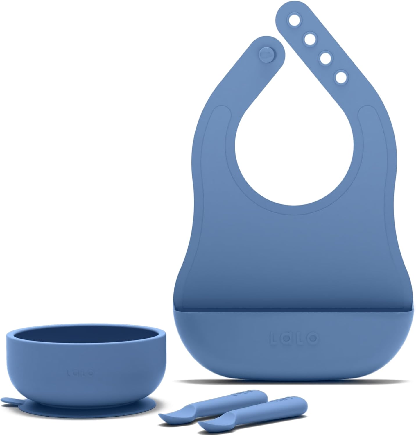 Lalo First Bites Silicone Baby Feeding Set - Baby Led Weaning Supplies - Non-Toxic Silicone - Includes 1 Bib, 2 Spoons, Training Cup, Suction Plate and Bowl - 6 Pieces - Blueberry