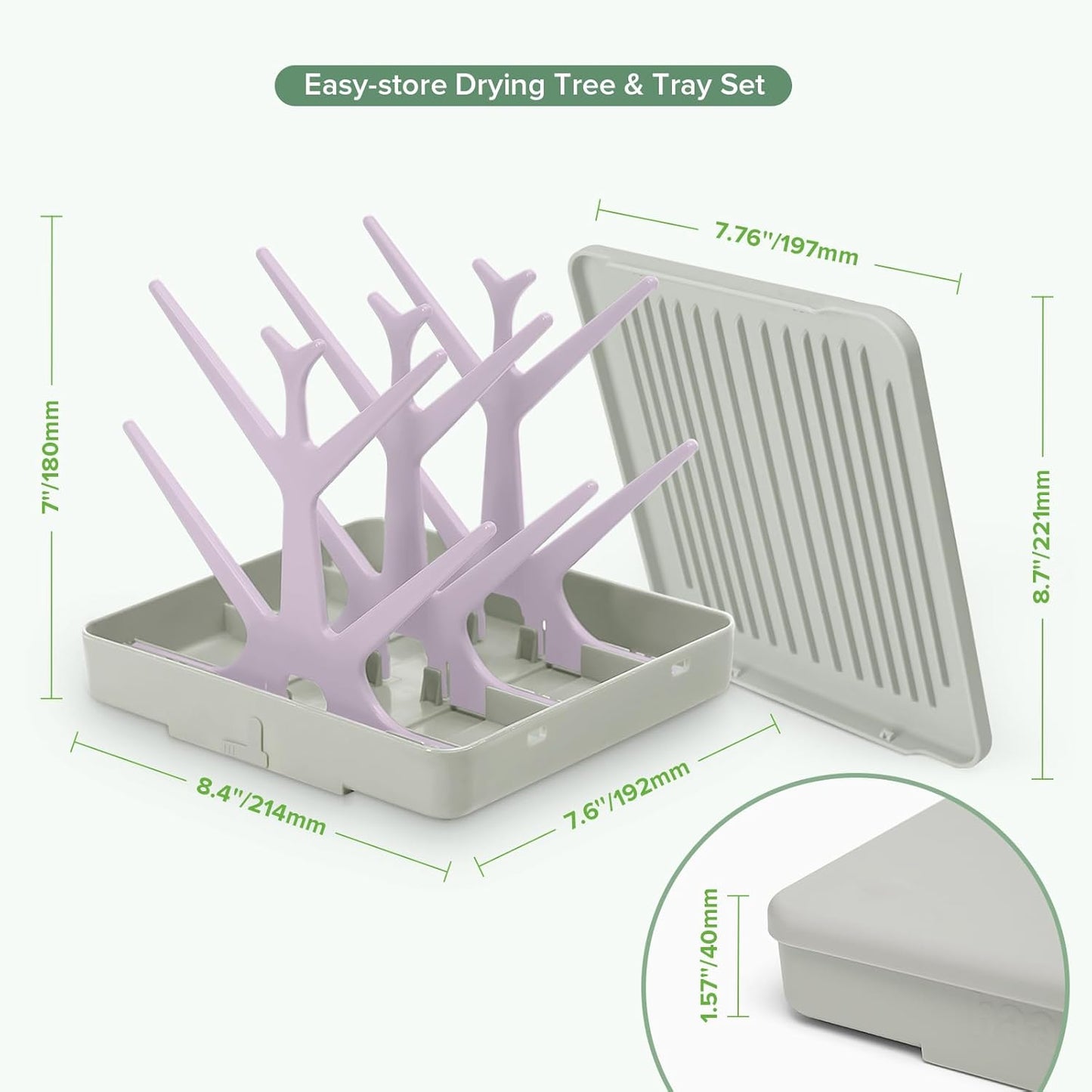 haakaa Portable Baby Bottle Drying Rack with Tray, Space Saving Bottle Drying Tree for Bottles/Pump Parts/Pacifiers,Easy-Store Dryer Rack Great for Home & Travel, BPA Free (Green)