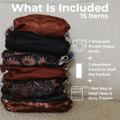 Nora's Nursery Cloth Diapers 7 Pack with 7 Inserts & 1 Wet Bag - Waterproof Cover, Washable, Reusable & One Size Adjustable Pocket Diapers for Newborns and Toddlers - Cali Coastal
