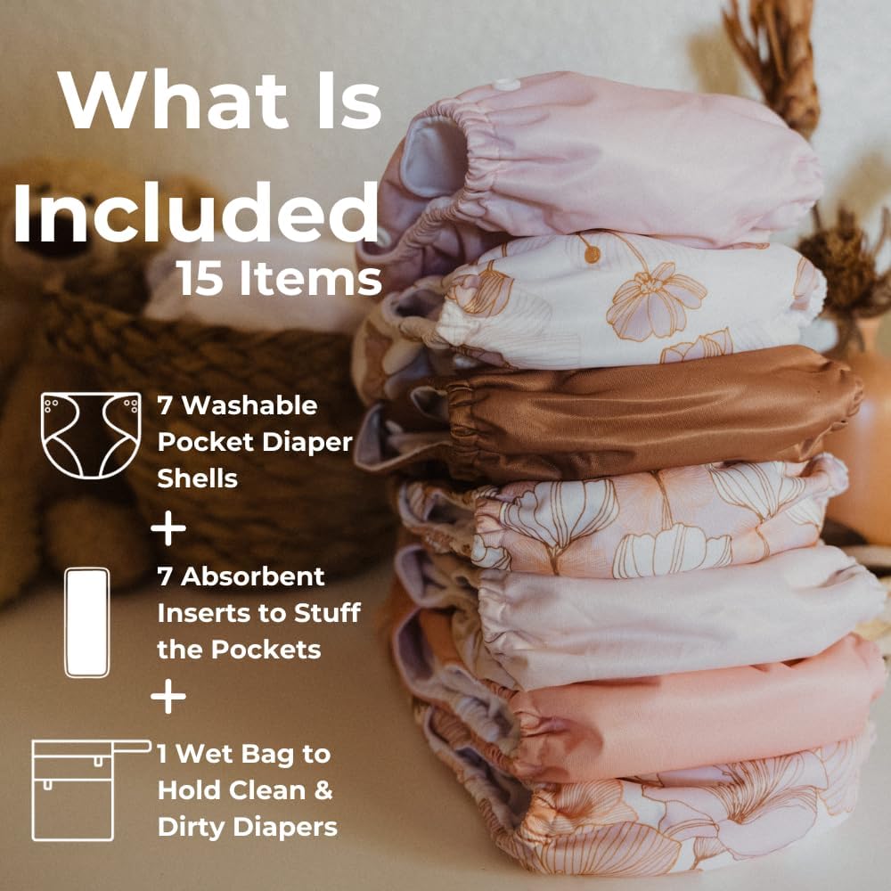 Nora's Nursery Cloth Diapers 7 Pack with 7 Inserts & 1 Wet Bag - Waterproof Cover, Washable, Reusable & One Size Adjustable Pocket Diapers for Newborns and Toddlers - Delilah