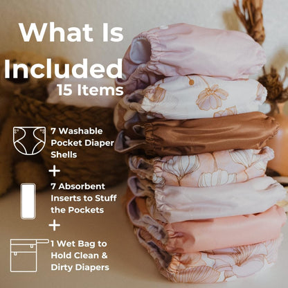 Nora's Nursery Cloth Diapers 7 Pack with 7 Inserts & 1 Wet Bag - Waterproof Cover, Washable, Reusable & One Size Adjustable Pocket Diapers for Newborns and Toddlers - Delilah
