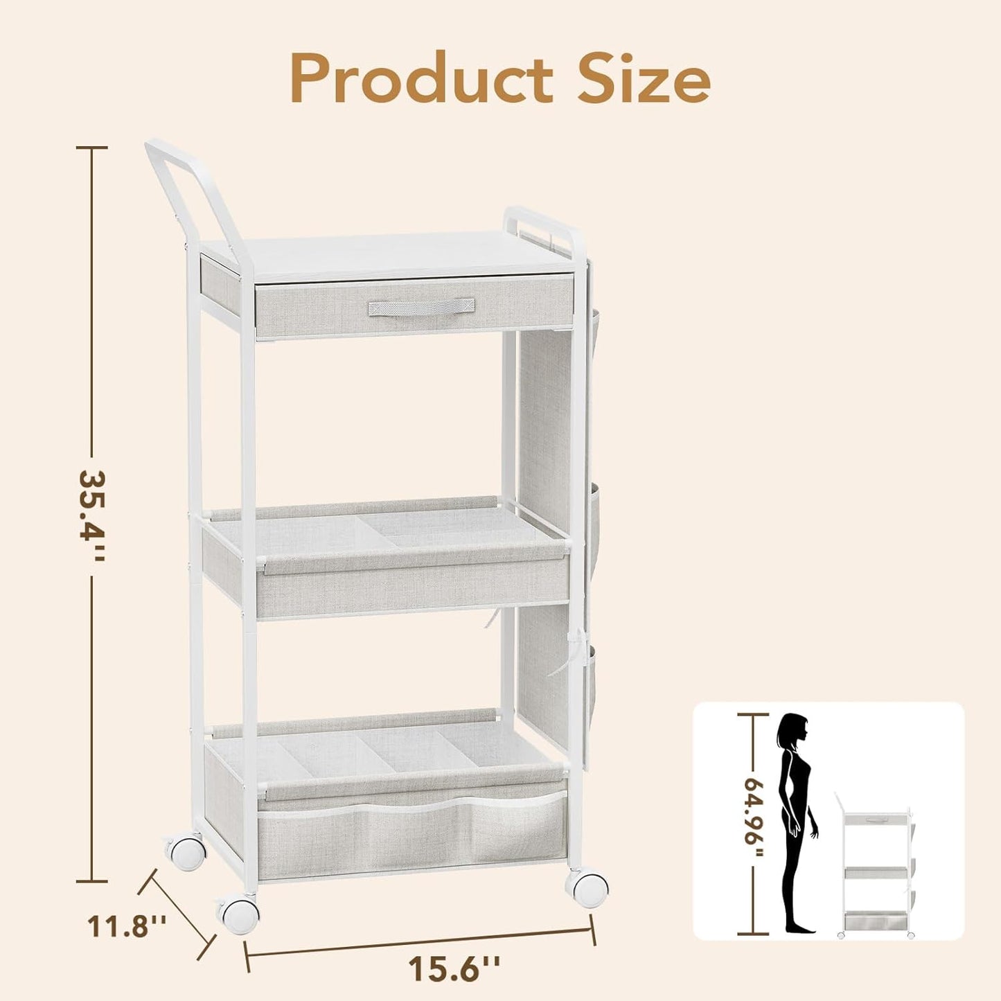 BBLIKE 3-Tier Diaper Caddy Organizer - Rolling Utility Baby Cart with Drawer and Side Pockets for Nursery and Baby Essentials, Multi-Function Cart for Bedroom and Bathroom, White