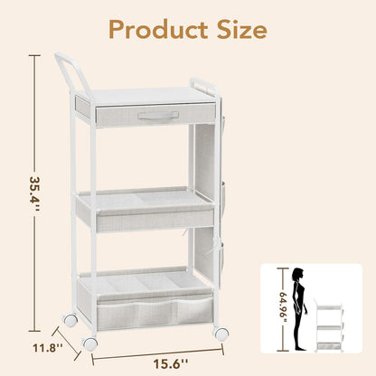 BBLIKE 3-Tier Diaper Caddy Organizer - Rolling Utility Baby Cart with Drawer and Side Pockets for Nursery and Baby Essentials, Multi-Function Cart for Bedroom and Bathroom, White