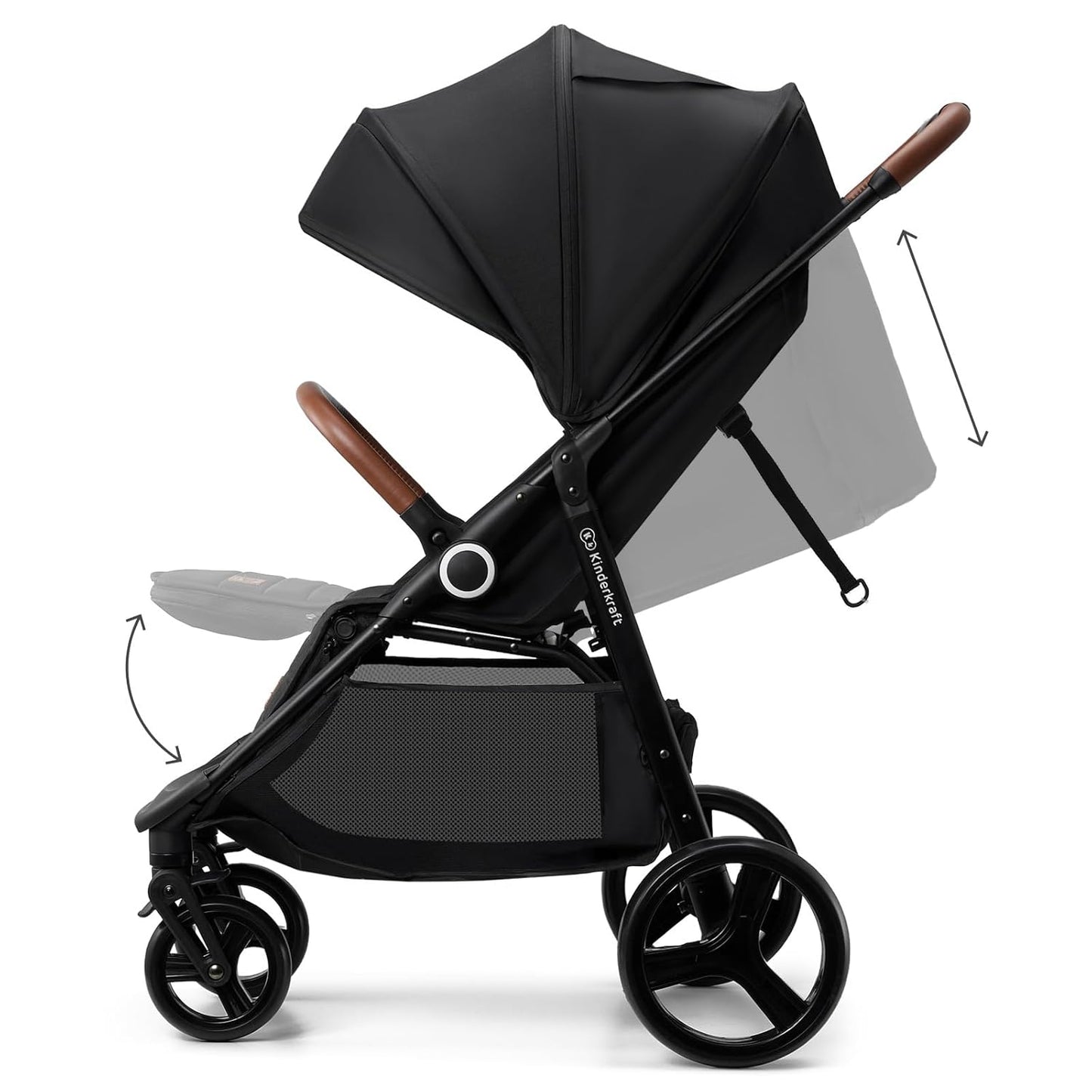 Kinderkraft Grande Plus Kinderkraft Buggy from Birth to 48.5 lb, one-Hand Folding, Reclining Position, Large Canopy with Window, All 4 Wheels dampened, Spacious seat, Black
