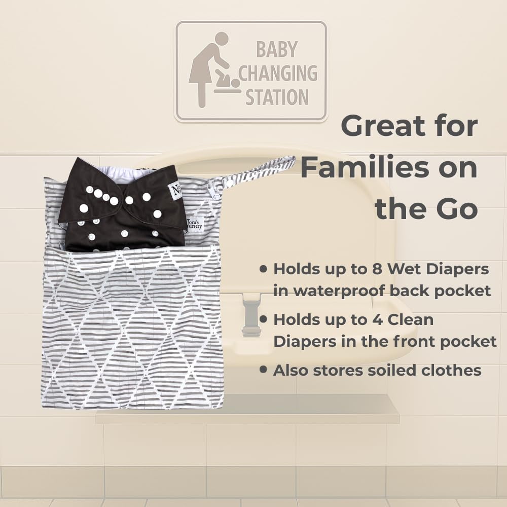 Nora's Nursery Reusable Wet Dry Bag for Cloth Diapers, Washable Pod with Large Zipper Opening, 2-Pack Waterproof Diaper Pods with Detachable Snap, Wet Bags for Cloth Diapers
