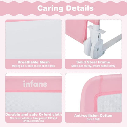 INFANS Bed Rail for Toddlers, 58" Foldable Safety Baby Crib Rail Fit for Kids Twin, Extra Long Swing Down Bed Guardrail for Convertible Crib, Queen, Full, King Mattress Side Guard (Pink)