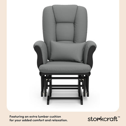 Storkcraft Tuscany Glider with Ottoman (Black/Gray) — GREENGUARD Gold Certified, Bonus Lumbar Cushion Included, Solid Wood Base, Smooth Motion, Award-Winning Nursery Rocking Chair, Glider and Ottoman