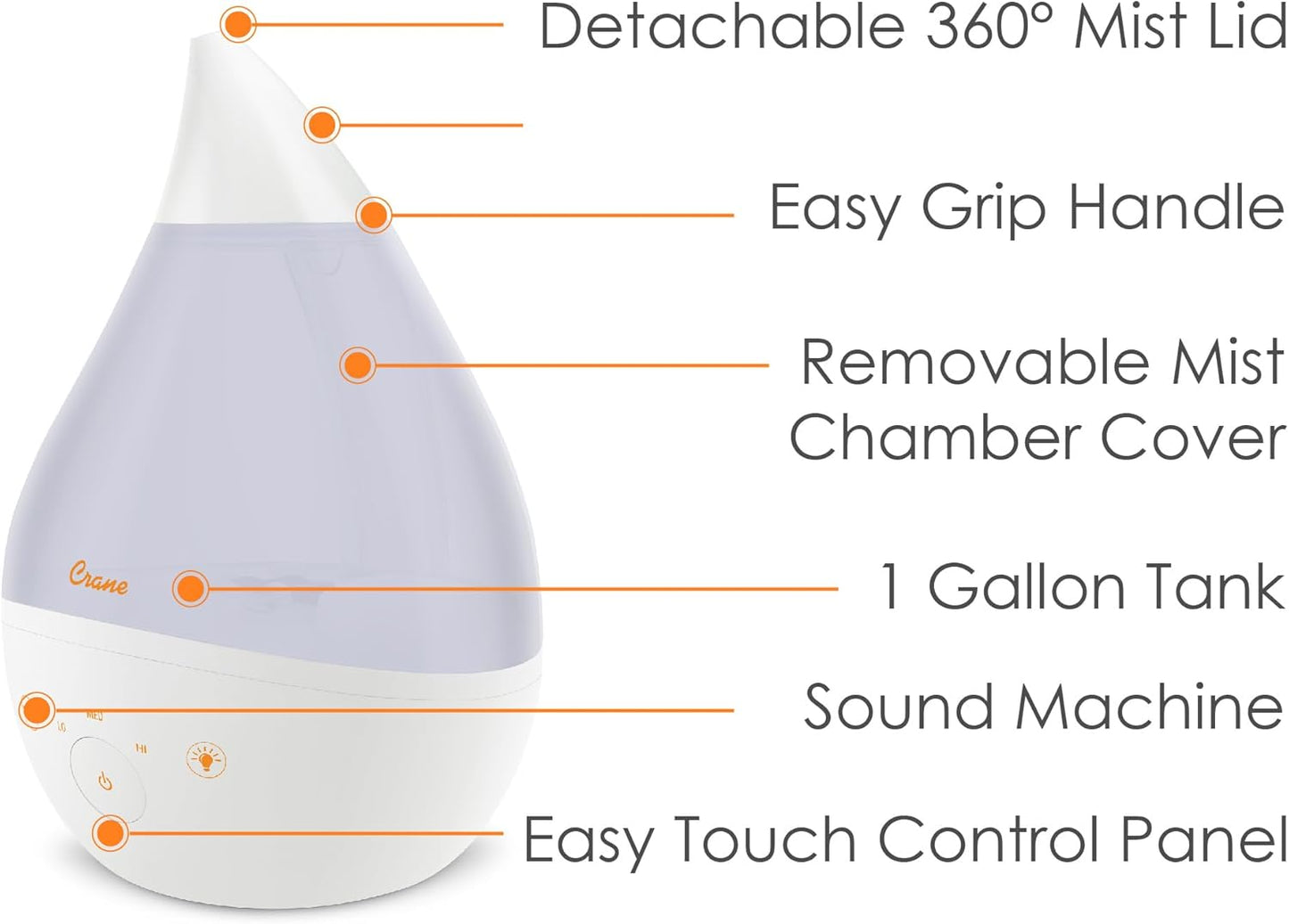 Crane 4-in-1 Drop 2.0 Ultrasonic Cool Mist Humidifier with Sound Machine, Night Light, Aroma Tray, 1 Gallon Top Fill, Blue & White