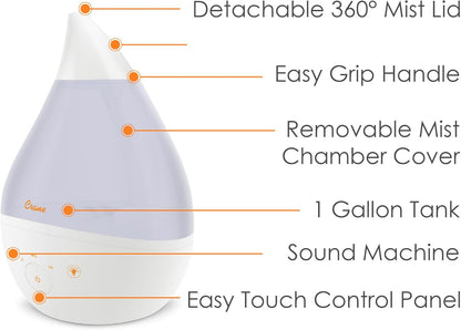 Crane 4-in-1 Drop 2.0 Ultrasonic Cool Mist Humidifier with Sound Machine, Night Light, Aroma Tray, 1 Gallon Top Fill, Blue & White