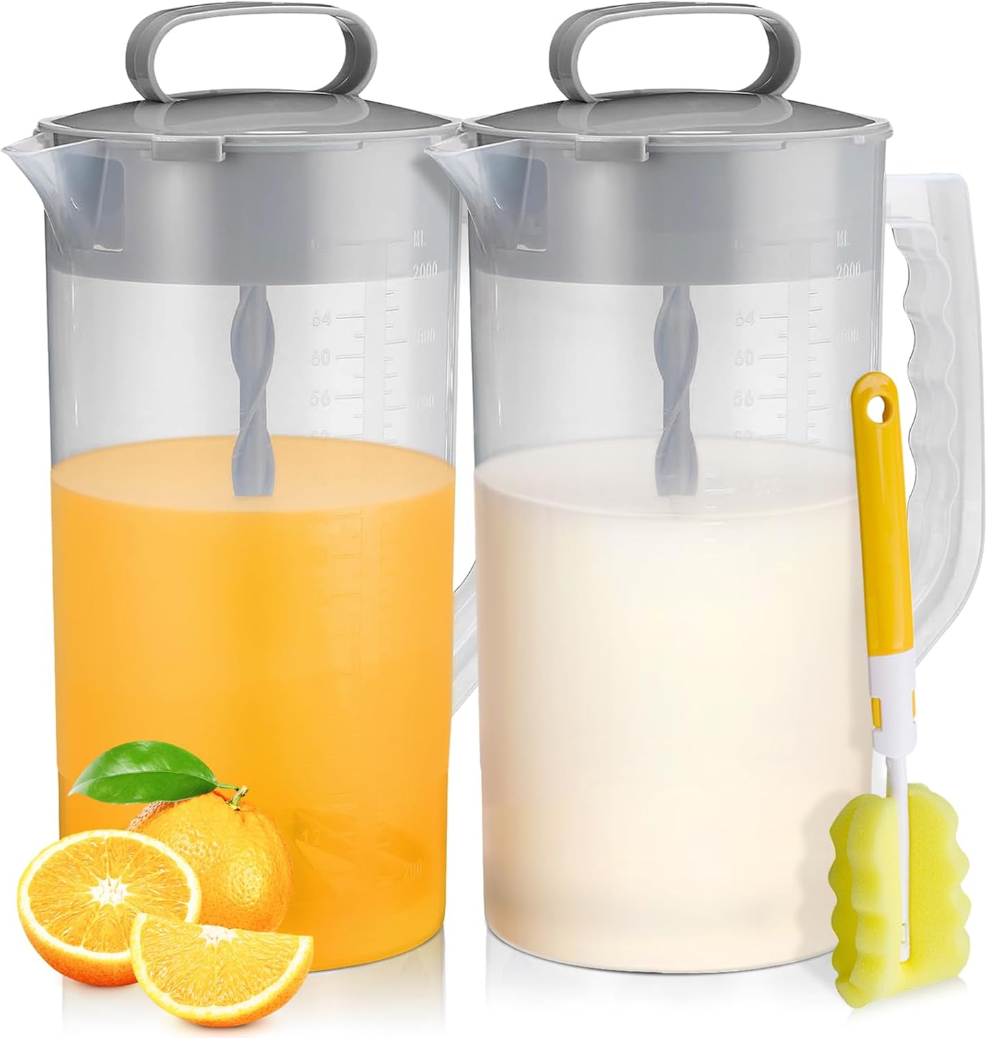 Mixing Pitcher for Drinks, 2 Quart/ 64oz Plastic Water Pitcher with Lid, Angled Plastic Blades and Adjustable Mixer Plunger for Juice, Powdered Milk, Beverage Container (One)