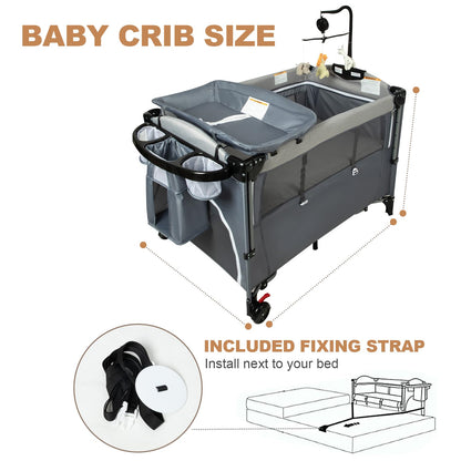 5-in-1 Pack and Play Portable Crib for Baby,Multifunction Bedside Crib from Newborn to Toddlers,U-Shaped Diaper Changer,Playard,Safety Strap,Carry Bag