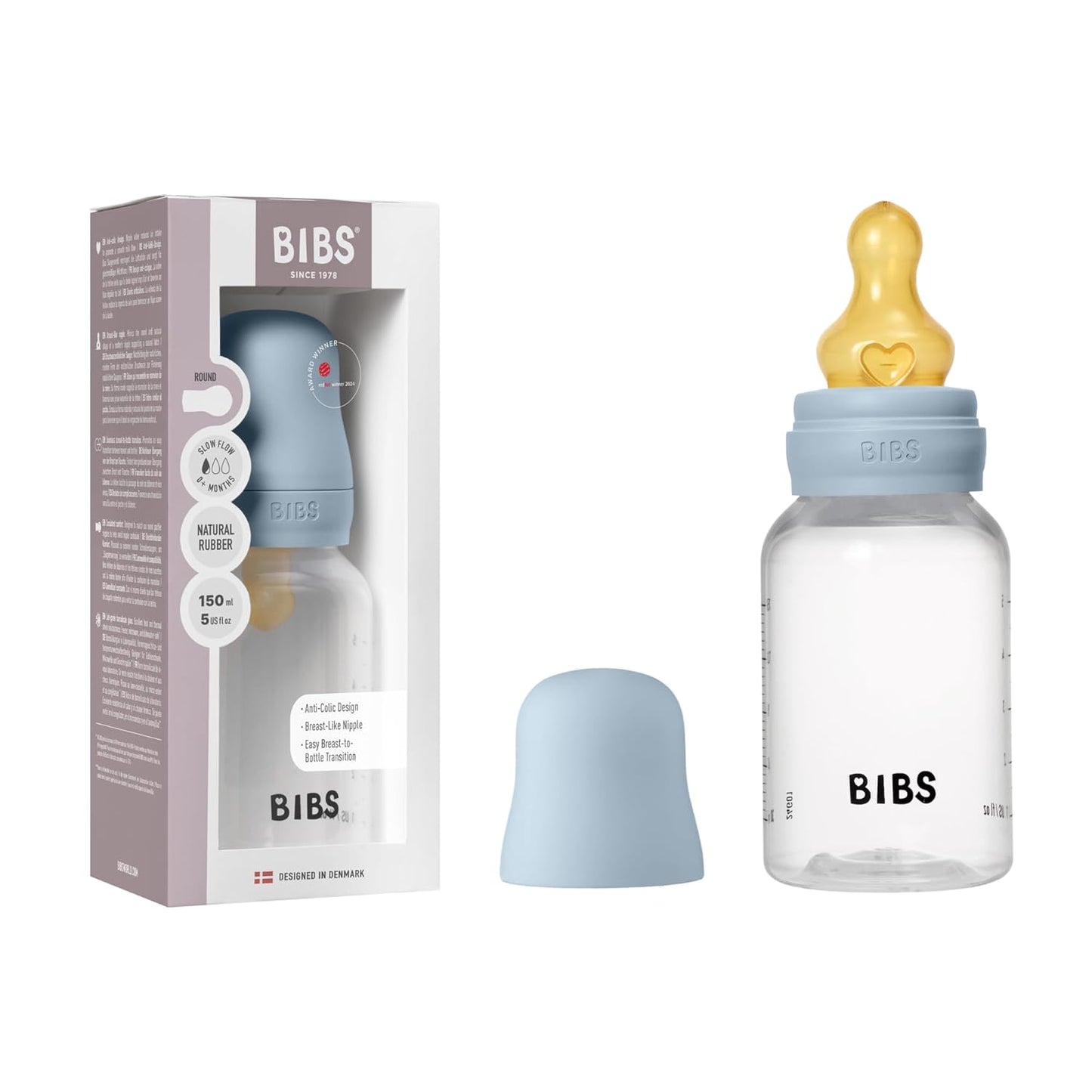 BIBS Baby Bottle 5 oz / 150 ml Silicone Nipple 2 Pack - Anti-Colic, BPA-Free, Round Nipple, Slow Flow, Lightweight & Easy to Clean, Suitable for Newborns 0+ Years - Ivory
