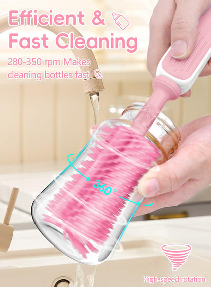 Electric Baby Bottle Brush Cleaner, Baby Travel Bottle Cleaner Kit- 2000mAh Rechargeable Silicone Brush, Drying Rack, Compact Storage Box, 360° Efficient Cleaning Bottle Brush for Home & On-The-Go