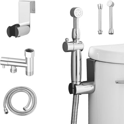 Chrome Handheld Bidet Sprayer for Toilet with Bidet Hose Brass Cloth Diaper Sprayer Bathroom Toilet Attachment for Feminine Wash, Wall Mount or Toilet Mount