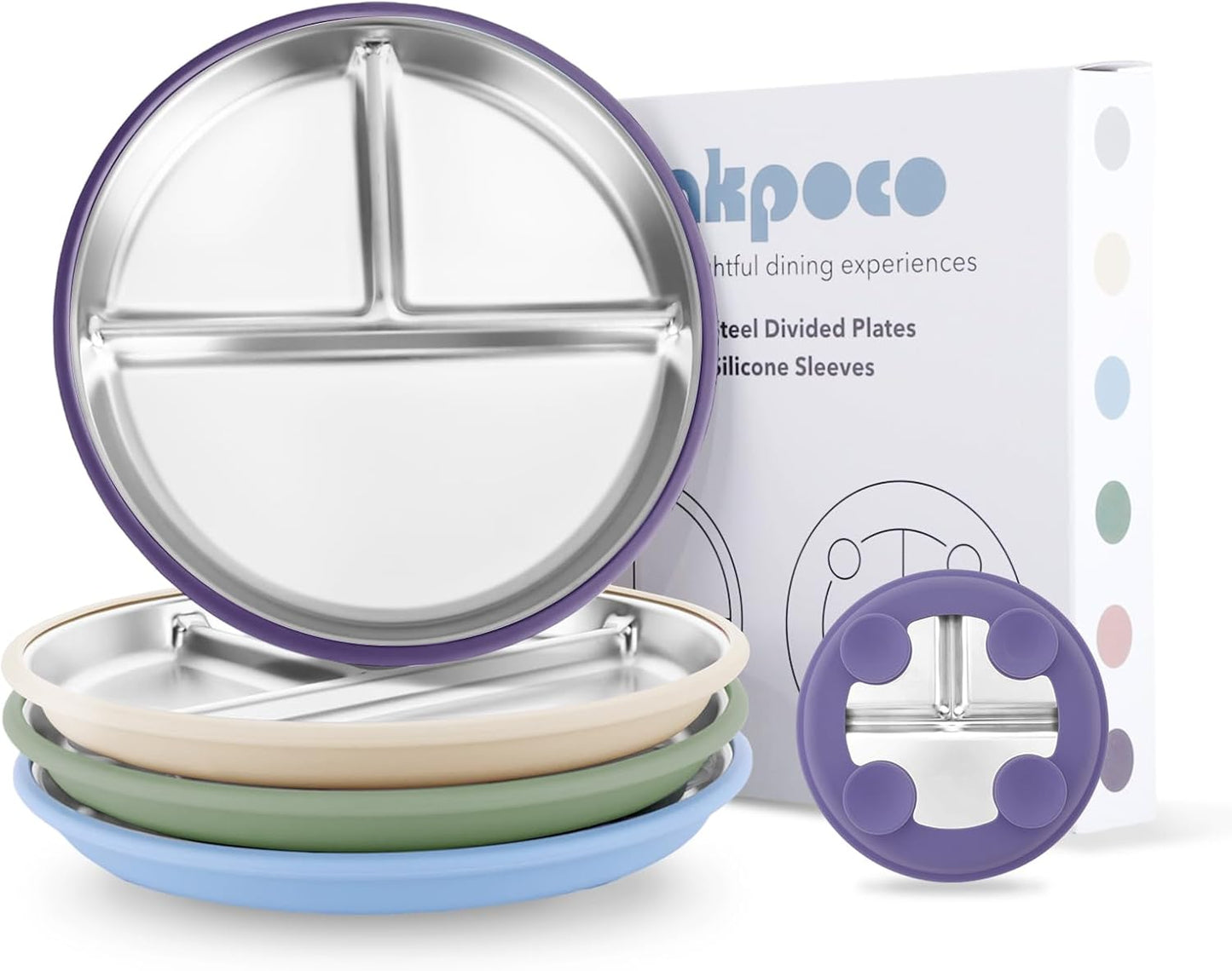 Bakpoco Stainless Steel Toddler Plate with Suction, 9” Divided Plates with Removable Silicone Sleeves for Kids, Non Toxic & BPA Free | Non Slip | Unbreakable Baby Snack Dishes Set of 2, Blue & Gray