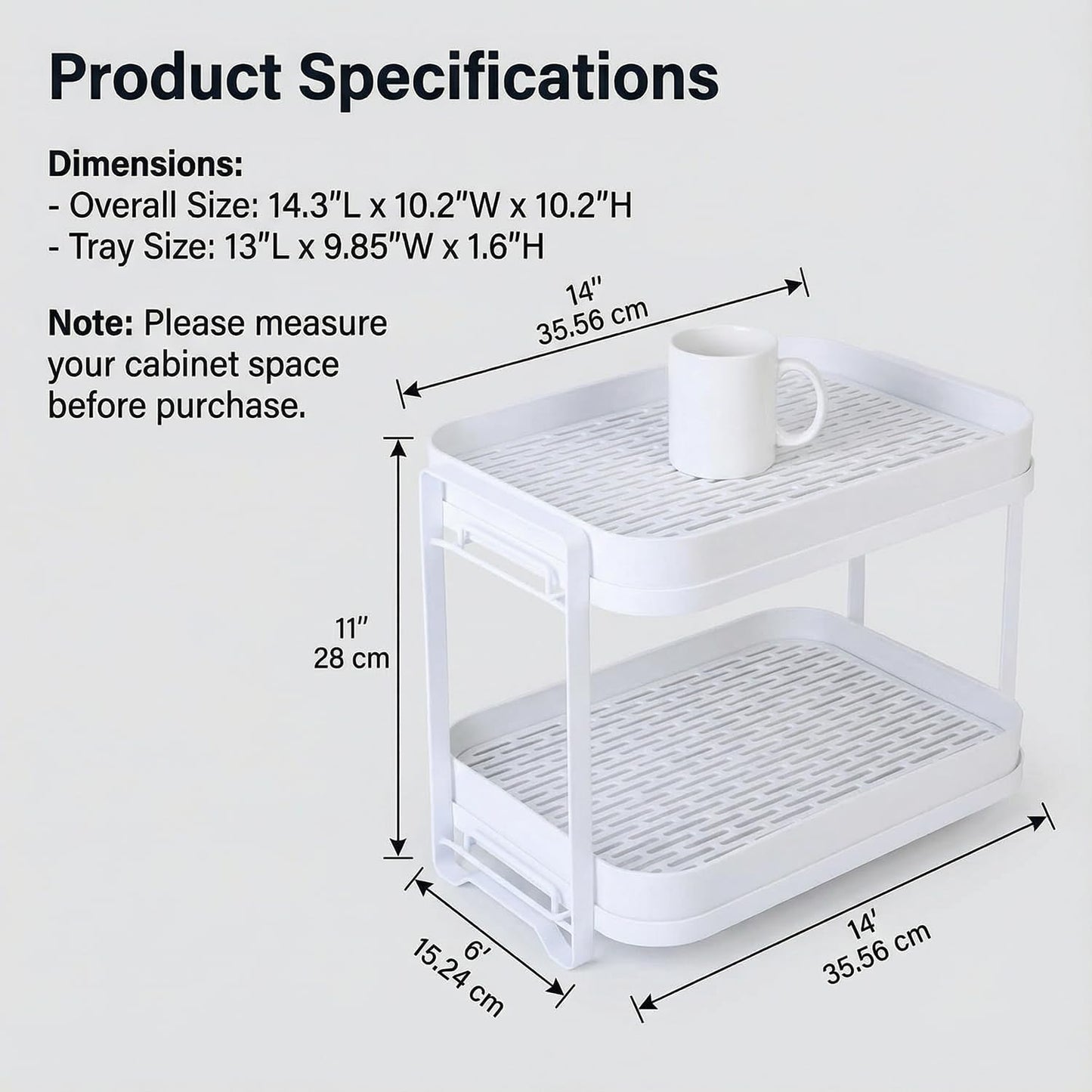 2-Tier Cup Drying Rack with Removable Drainboard, Rust-Proof Iron Mug Organizer, Multi-Purpose Bottle Drying Stand for Baby Bottles, Fruits, Vegetables, Countertop Space Saver, White