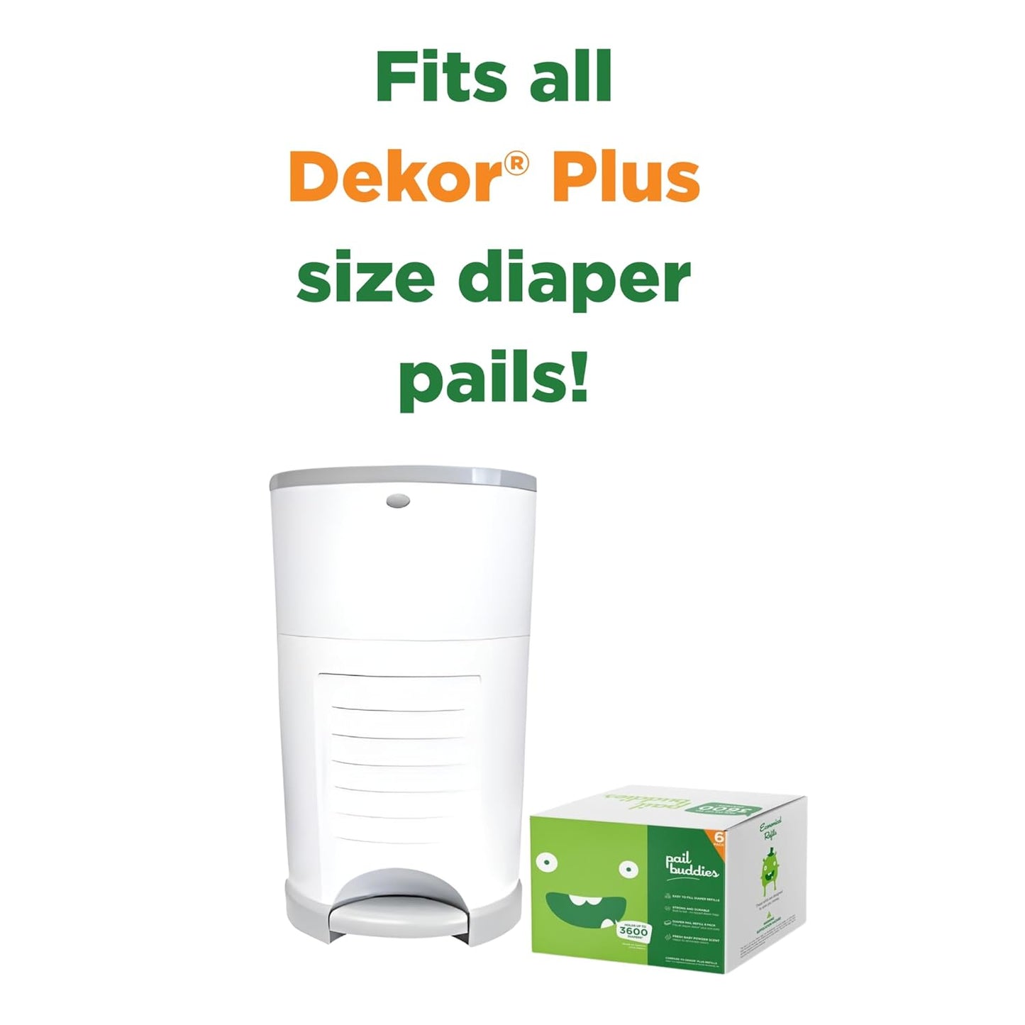 Pail Buddies Diaper Pail Refills | 6 Count Value Pack Holds 3,600 Diapers | Compatible with Dekor Plus Diaper Pail | Strong, Durable Refill Bags with Odor Eliminating Fresh Baby Powder Scent