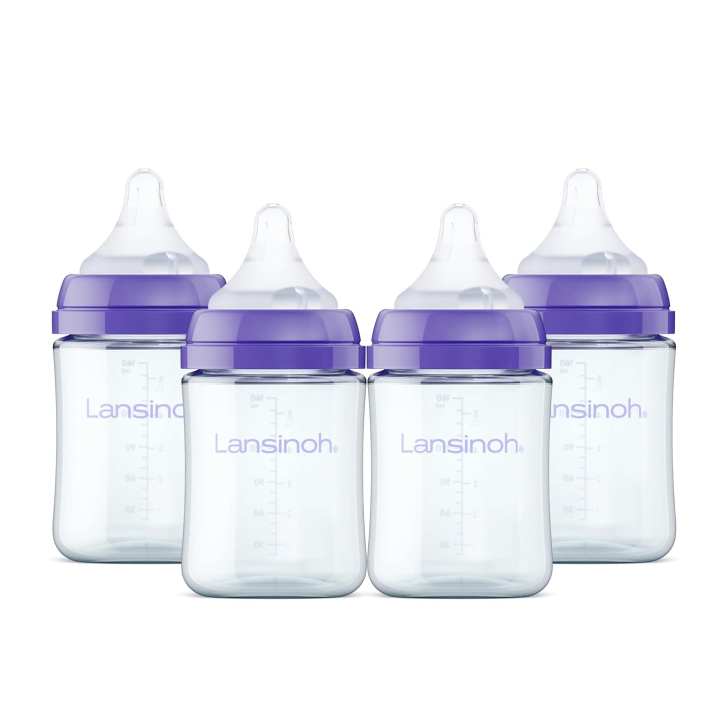 Lansinoh Anti-Colic Glass Baby Bottles, 5 Ounces, 4 Count, Includes 4 Extra Slow Flow Nipples (Size XS, Newborn), Baby Essentials