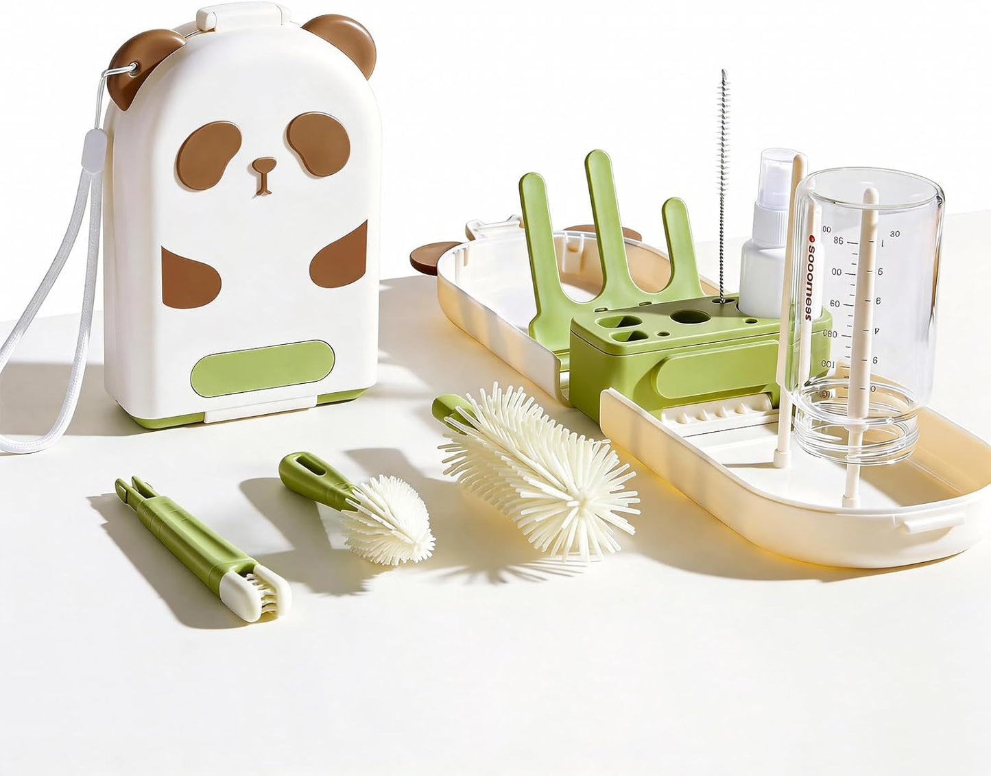 Portable Bottle Brush Set - Baby Travel Bottle Cleaner Kit with Silicone Brush, Nipple Brush, Straw Brush, Soap Dispenser, Drying Rack - Bottle Cleaning Kit for Home and Travel Essential (Panda)