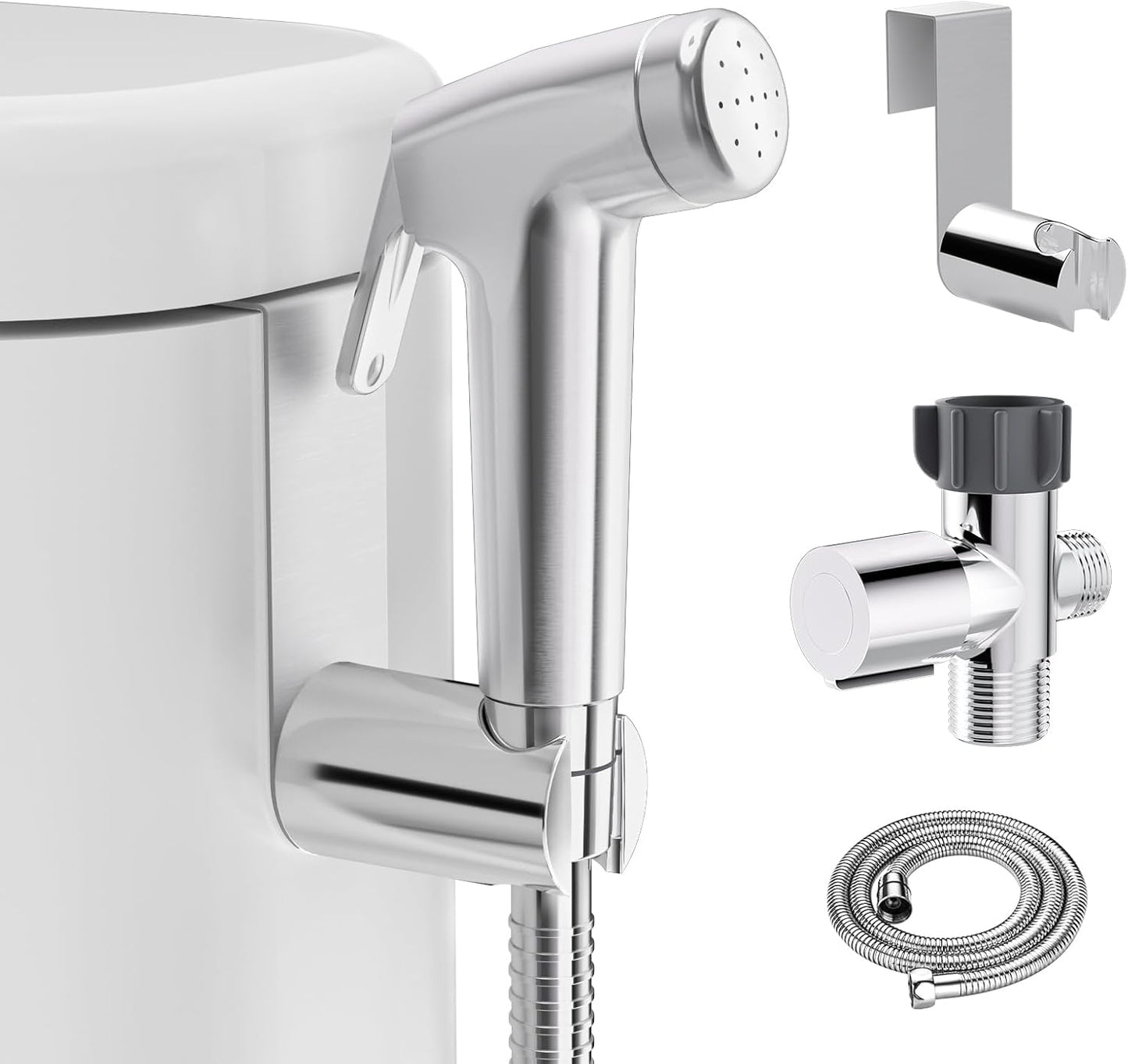 Handheld Bidet Sprayer for Toilet, Bidet Sprayer Kit with Stainless Steel Hose for Feminine Wash, Adjustable Water Pressure Handheld Sprayer for Cloth Diaper Wash (Chrome Silver)