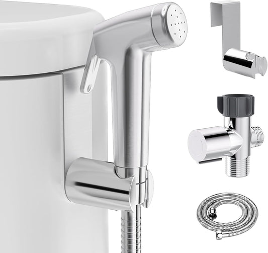 Handheld Bidet Sprayer for Toilet, Bidet Sprayer Kit with Stainless Steel Hose for Feminine Wash, Adjustable Water Pressure Handheld Sprayer for Cloth Diaper Wash (Chrome Silver)