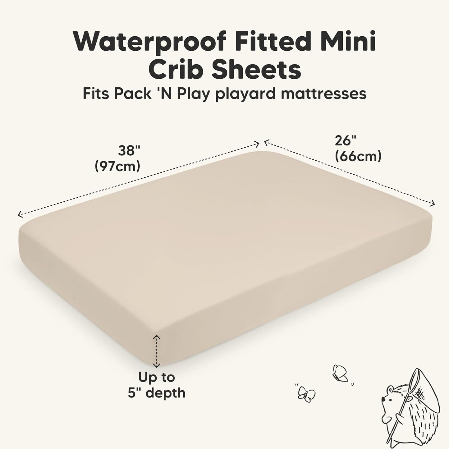 2-Pack Waterproof Pack and Play Sheets, Mini Crib Sheets Fitted for Boy, Girl - 38 x 26 Viscose from Bamboo Pack N Play Mattress Sheets for Graco, Toddler Playard Baby Crib Sheets Neutral (Blue Flax) - Colors B