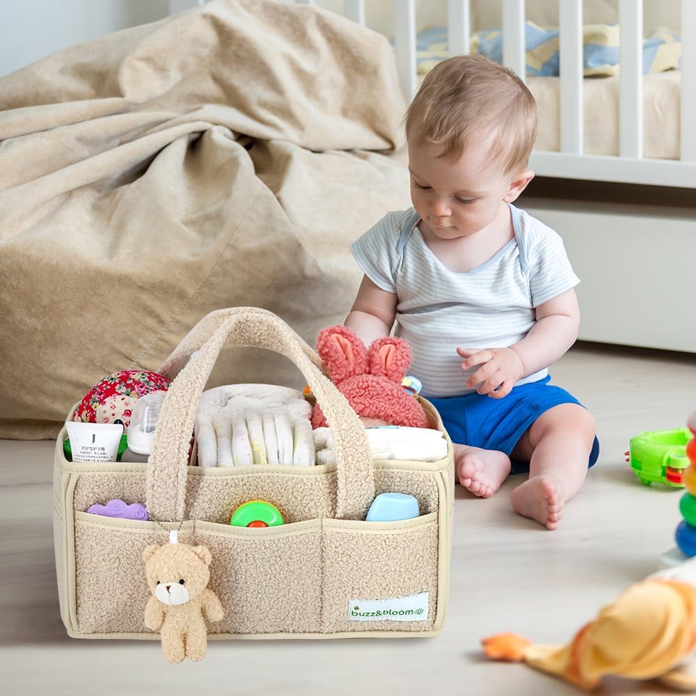 Buzz&Bloom Baby Teddy Diaper Caddy Organizer, Stylish Storage Basket for Newborn Essentials and Diaper Station, Gift for Baby Shower and Registry Must-Have (Beige)