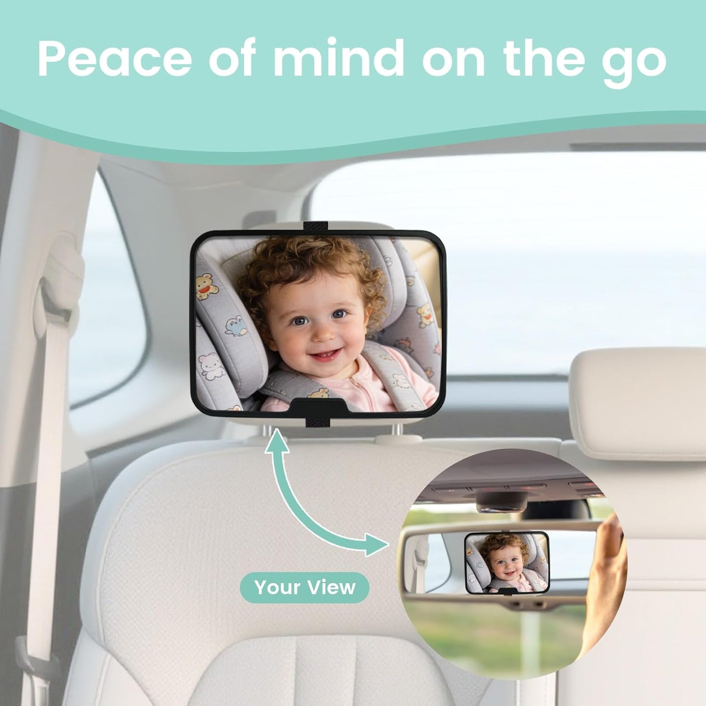 Baby Car Mirror Set | 360° Rotating Large HD Shatterproof Safety Mirror for Rear Facing Infants & Toddlers | Includes Baby on Board Sticker Sign & Car Seat Sunshade | Baby Car Essentials