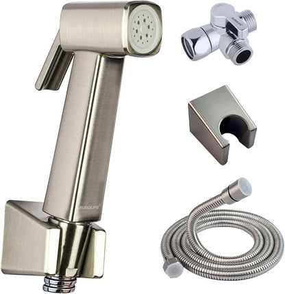 Handheld Bidet Sprayer for Toilet, Lockable Push Button, High Pressure Bathroom Sprayer, Cloth Diaper & Personal Hygiene Sprayer, Tank Mount No-Drill Install, Stainless Hose Set, Black Color