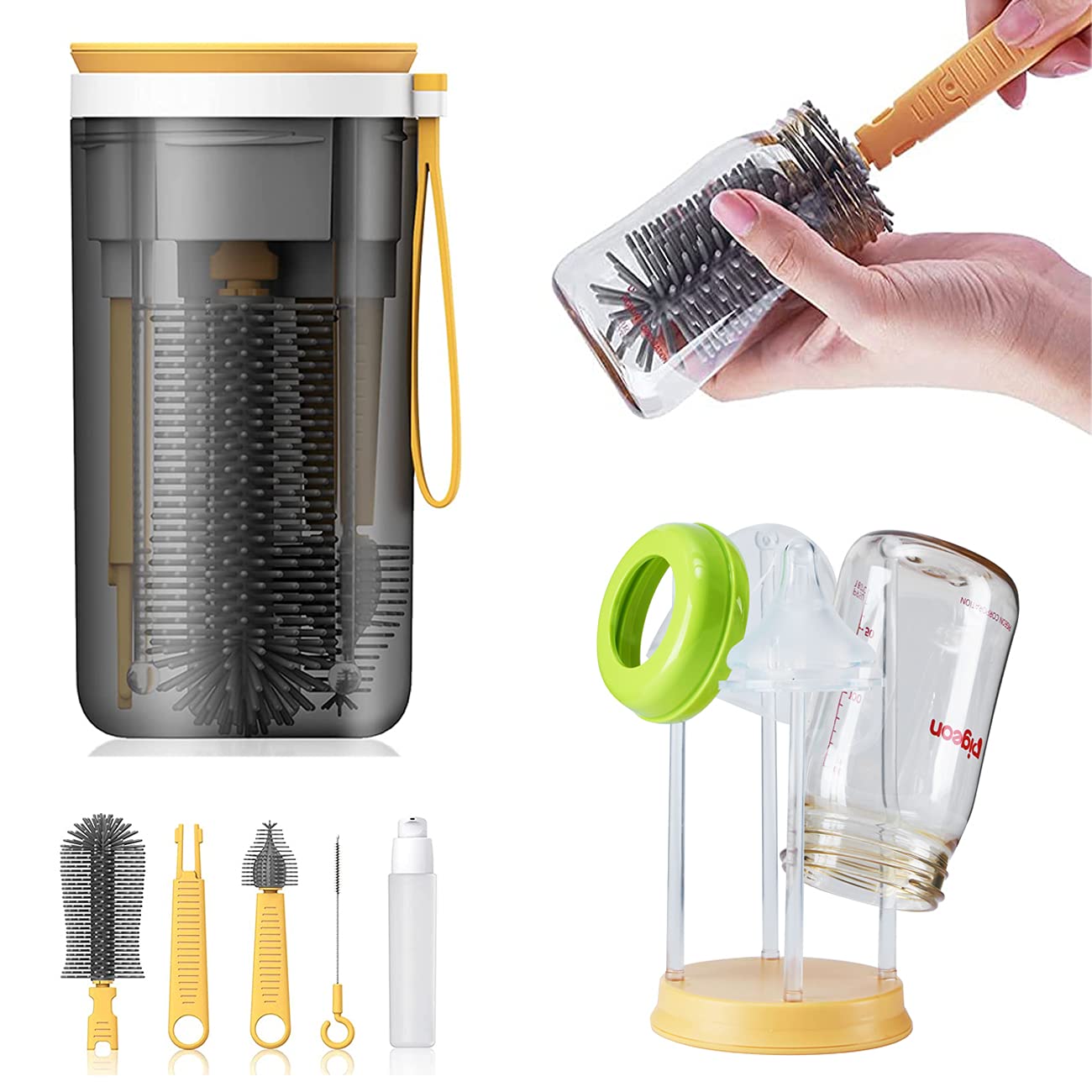 Travel Baby Bottle Drying Rack with Bottle Cleaning Brush Set, Blue