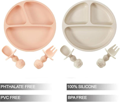PandaEar 2 Pack Silicone Divided Suction Plates with 2 Spoons 2 Forks for Babies & Toddlers | Baby Led Weaning Supplies Self Feeding Eating Utensils | BPA-Free Silicone Baby Feeding Set -Pink & Linen