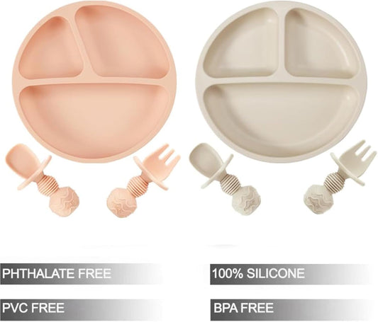 PandaEar 2 Pack Silicone Divided Suction Plates with 2 Spoons 2 Forks for Babies & Toddlers | Baby Led Weaning Supplies Self Feeding Eating Utensils | BPA-Free Silicone Baby Feeding Set -Pink & Linen