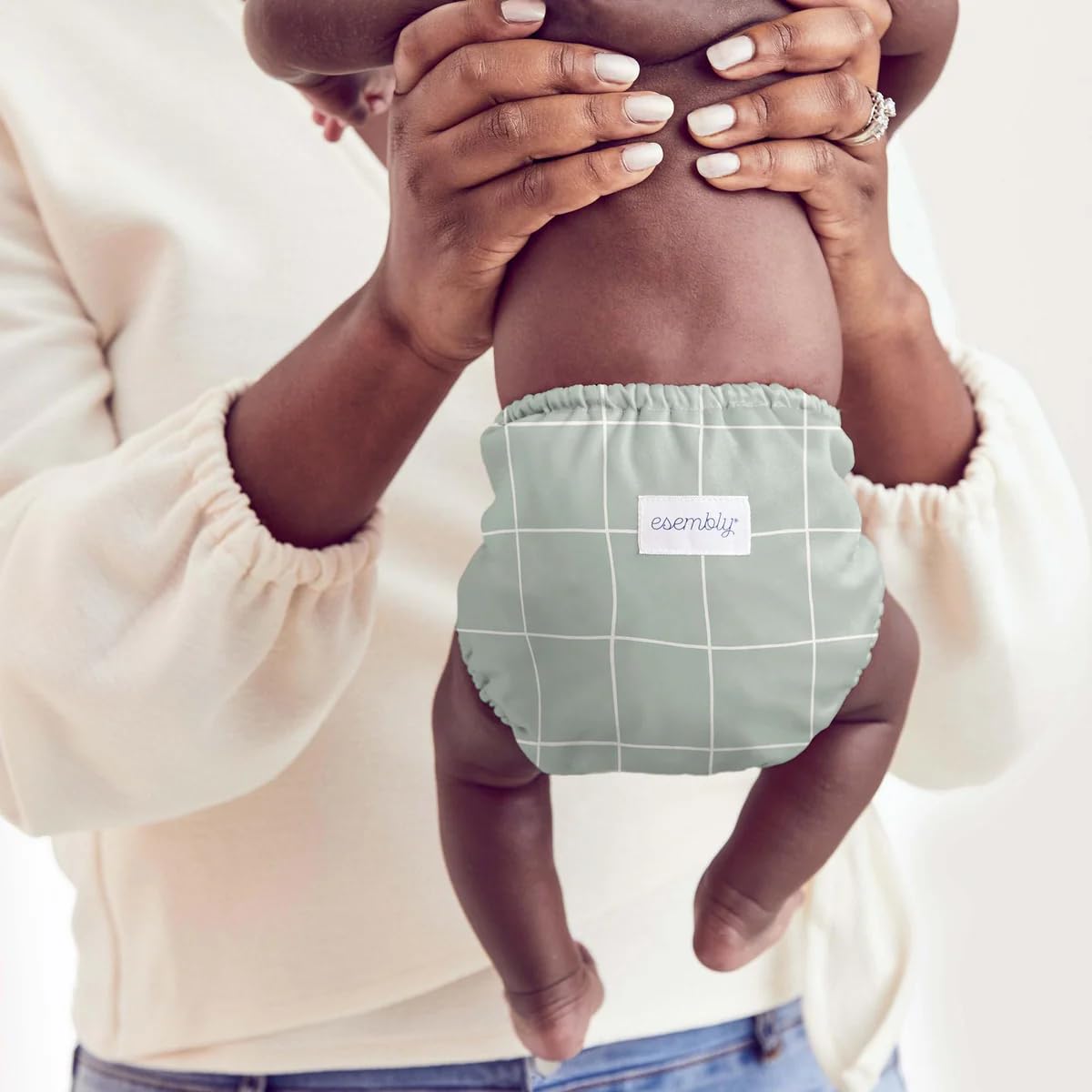 Esembly Cloth Diaper Cover - Reusable Swim Diaper, Waterproof, Breathable - Adjustable Outer Layer Over Absorbent Inner for Blowout Protection - Sea Glass, Size 2 (18-35lbs)