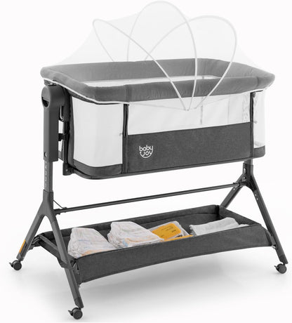 BABY JOY Bassinet Bedside Sleeper, Easy Folding Baby Crib w/All-Side Mesh, Storage Shelf, 7 Adjustable Heights, Mattress & Travel Bag for Safe Co-Sleeping, Portable Baby Bed for Newborn Infant -Gray