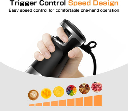 Turelar Immersion Blender Handheld Corded Hand Blenders Set 1100W, Trigger Variable Speed 5 in 1 Stick Emulsifier with Chopper, Whisk and Frother for Soup, Baby Food and Smoothies, Orange