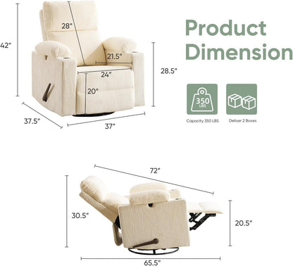 Rocking Chair Nursery with Adjustable Armrest for Breastfeeding, Glider Recliner Nursery Chair with Massage and Heat, Power Swivel Rocker Recliner with Adjustable Headrest, Corduroy, Beige