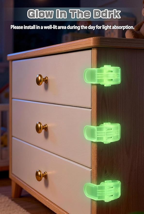 Maveek Baby Proof Drawer Lock Glow In The Dark, 4 Pack Luminous Cabinet Button Locks For Kitchen Cupboard, RV, Furnitures, Easy To Find At Night, Fluorescent Green