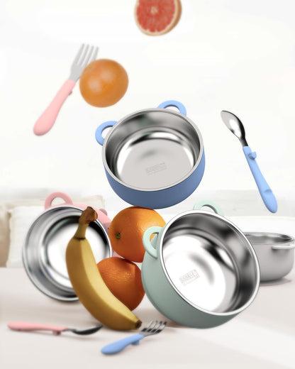 Bakpoco Toddler Bowls with suction & Utensils Set, 2-in-1 Stainless Steel 304 Kids Feeding Bowl & Silicone Suction Baby Bowl with Spoons and Forks, First Self-feeding Training Set, Organic Bloom