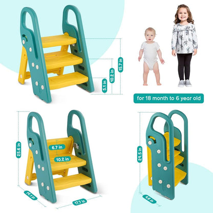 Onasti Foldable Toddler Step Stool for Bathroom Sink, Adjustable 3 Step Stool for Kids Toilet Potty Training Stool with Handles, Child Kitchen Counter Stool Helper, Plastic Ladder for Toddlers Pink