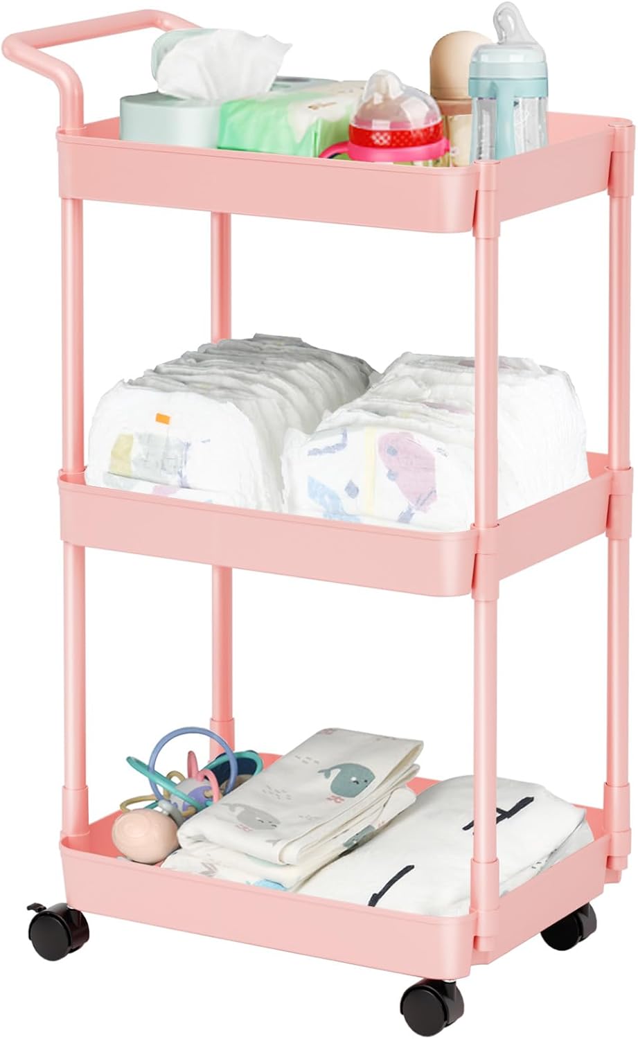 Volnamal Baby Diaper Caddy, Plastic Movable Cart for Newborn Nursery Essentials Diaper Storage Caddy Organizer for Changing Table & Crib, Easy to Assemble, Beige