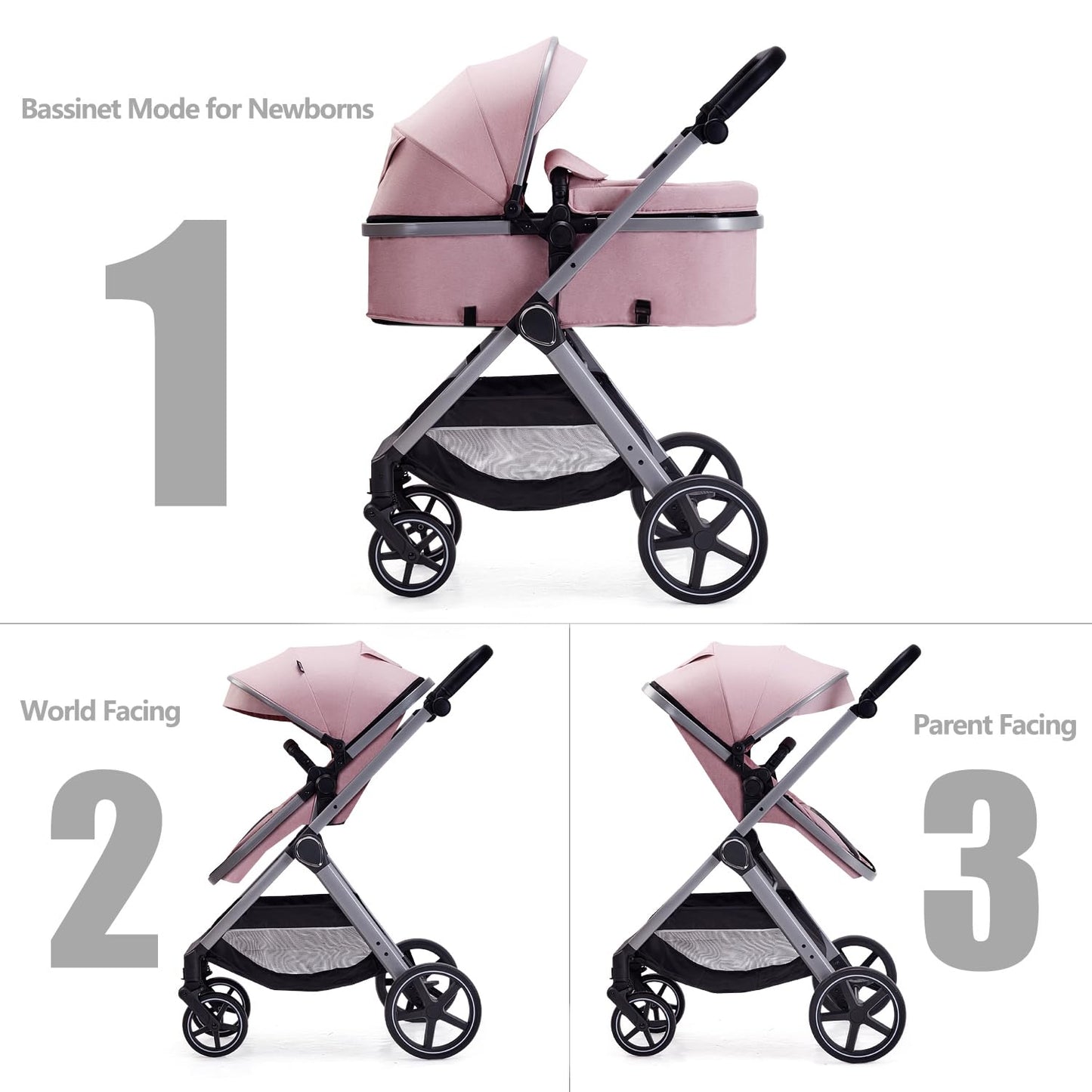 Lortsybab 2 in 1 Baby Stroller, Newborn Infant Toddler Convertible Pram Stroller for 0-36 Months Old Babies (Grey)