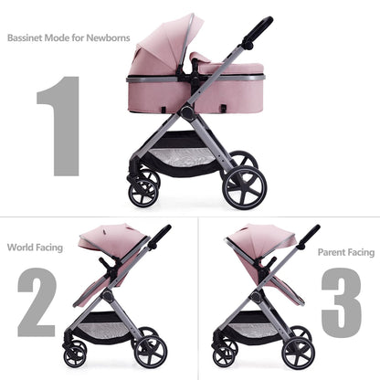 Lortsybab 2 in 1 Baby Stroller, Newborn Infant Toddler Convertible Pram Stroller for 0-36 Months Old Babies (Grey)