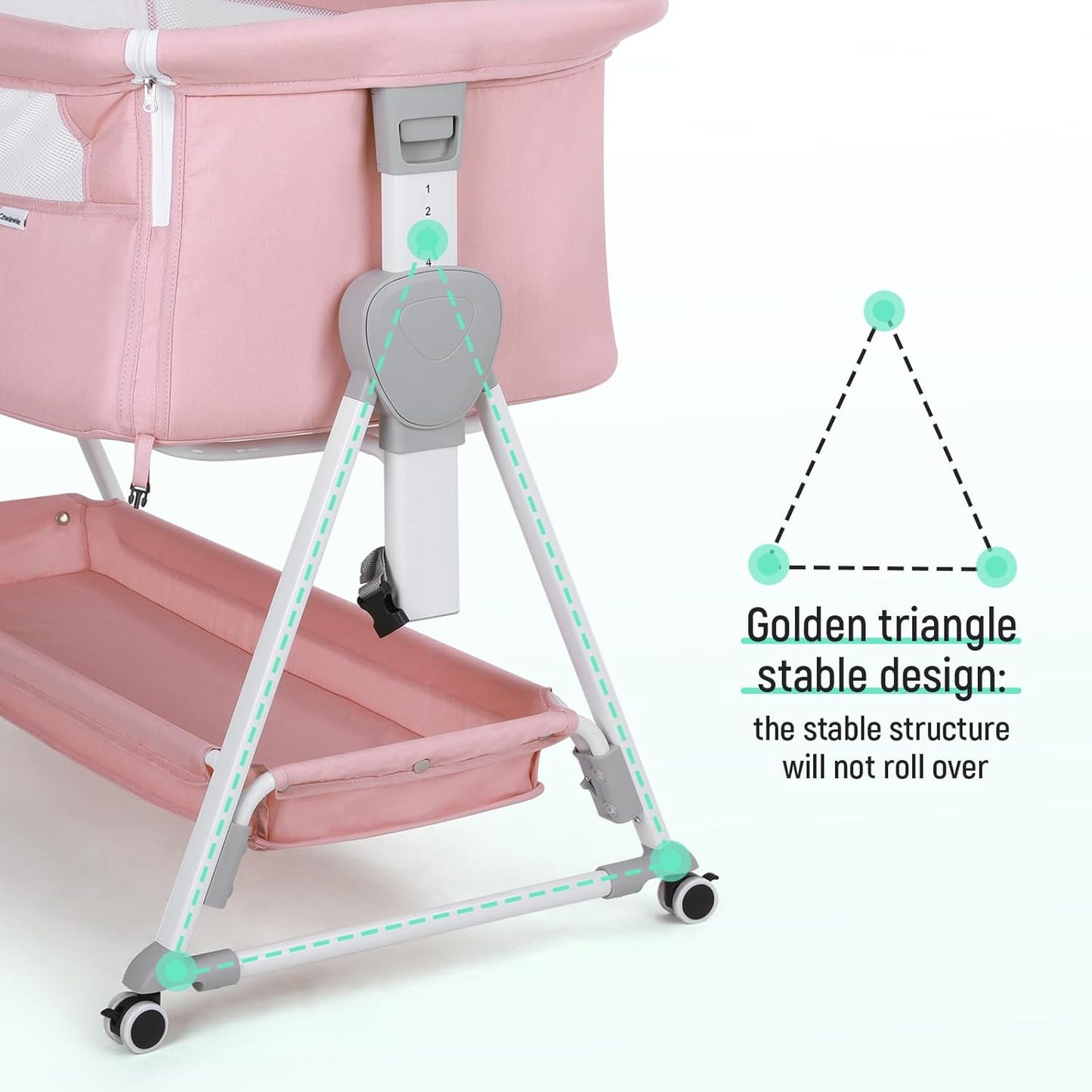 Cowiewie Bassinet Bedside Sleeper, Baby Bassinet with 7 Adjustable Height, Bedside Bassinet for Baby with Storage, Breathable Mesh & Mattress, Portable Bassinet Easy Folding (Pyramid Light Gray)