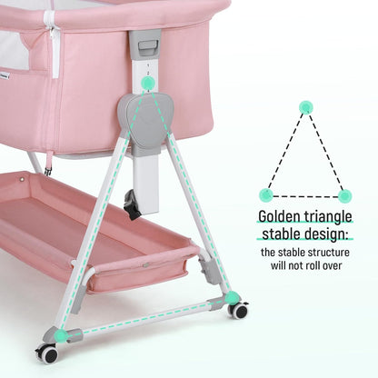 Cowiewie Bassinet Bedside Sleeper, Baby Bassinet with 7 Adjustable Height, Bedside Bassinet for Baby with Storage, Breathable Mesh & Mattress, Portable Bassinet Easy Folding (Pyramid Light Gray)