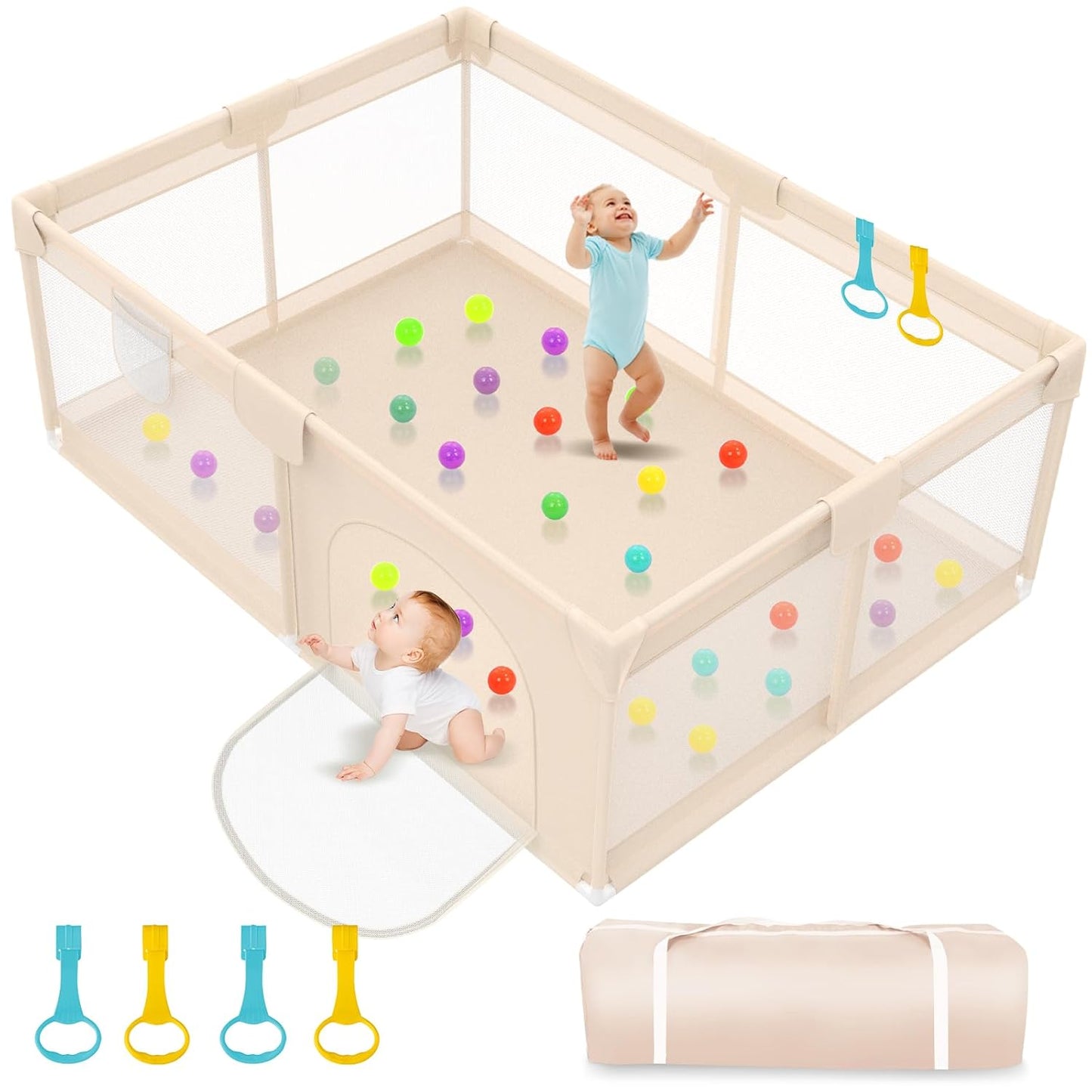 Baby Playpen with Mat 79x71inch - Extra Large Play Pen for Babies and Toddlers Indoor & Outdoor Baby Playard with Soft Breathable Mesh Cover - Sturdy Foam Infant Gate Playpen(Apricot)