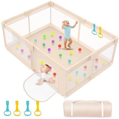 Baby Playpen with Mat 79x71inch - Extra Large Play Pen for Babies and Toddlers Indoor & Outdoor Baby Playard with Soft Breathable Mesh Cover - Sturdy Foam Infant Gate Playpen(Apricot)