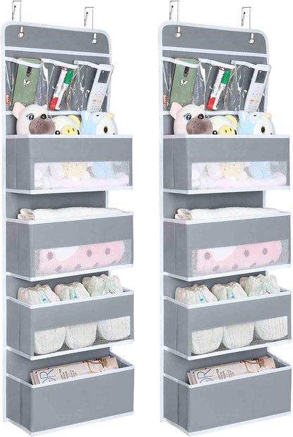 Univivi Over The Door Organizer, 5 Shelf Door Hanging Organizer Nursery Door Storage with 4 Large Compartments and 2 Small PVC Pockets 6 Side Pockets for Bathroom,Cosmetics and Nursery Baby Essential