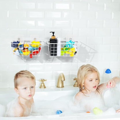 Metal Bath Toy Holder, Hanging Bathtub Toy Storage, Wall Mounted Bath Tub Baby Toys Organizer, Iron Shower Caddy For Bathroom, White, 2 Pack