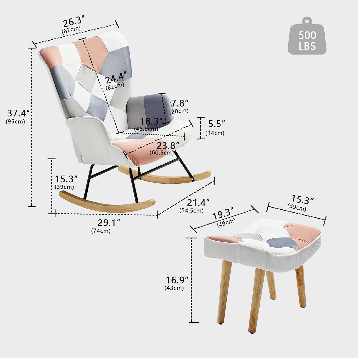 Nursery Rocking Chair, Baby Toddler Glider Rocker with Ottoman, Comfy Accent Chair, for Bedroom Living Room Small Spaces, Patchwork Linen, Colorful